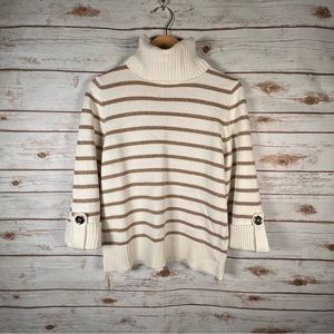 Vintage Carroll Reed Petite Cream Cowlneck Sweater w Metallic Gold Stripes Sz MP